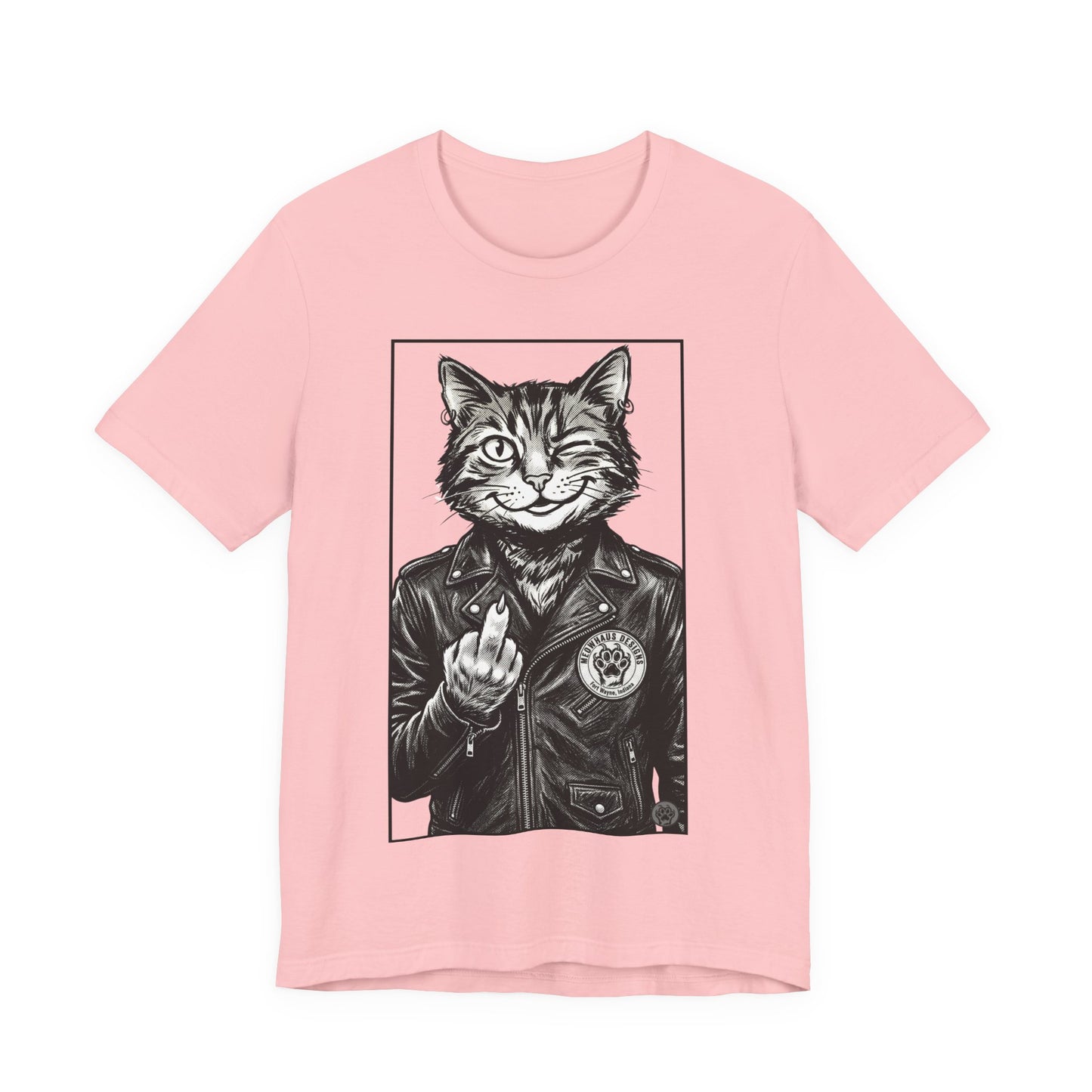 WinkyCat - Leather Jacket & Snarky Gesture - Cat Biker Tee — Grinning Cat in Leather Jacket Graphic T-Shirt