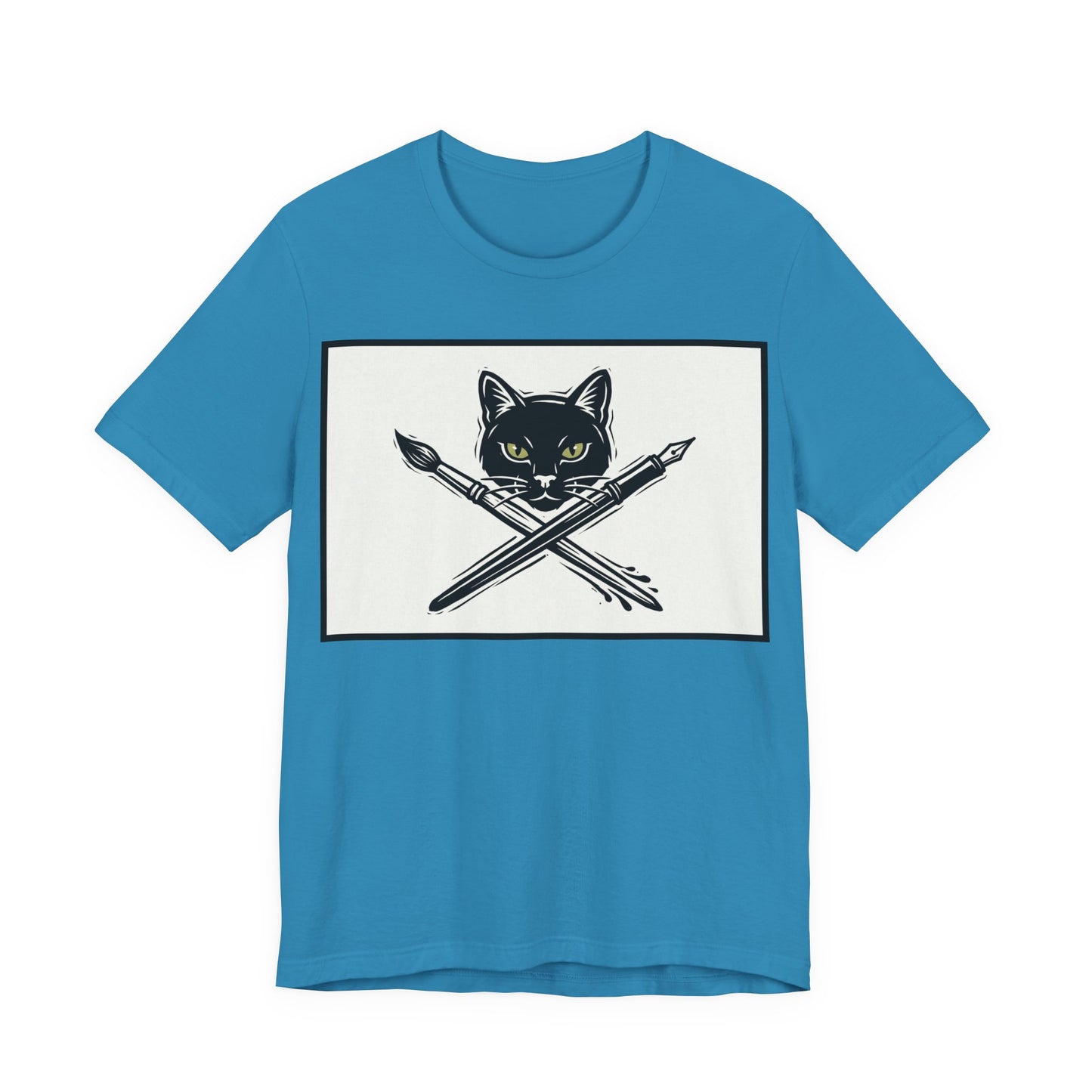 Creative Cat T‑Shirt – Black Cat with Crossed Paintbrush & Pen Graphic