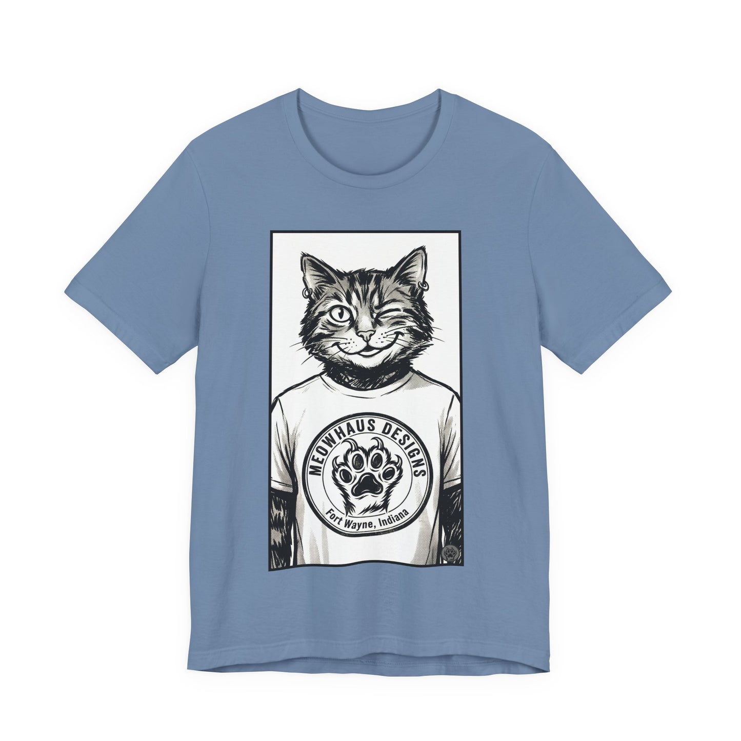 WinkyCat - Wearing the MHD Logo T-Shirt - Cat Portrait T‑Shirt — Retro Graphic Cat Wearing Logo Tee