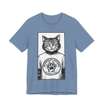 WinkyCat - Wearing the MHD Logo T-Shirt - Cat Portrait T‑Shirt — Retro Graphic Cat Wearing Logo Tee