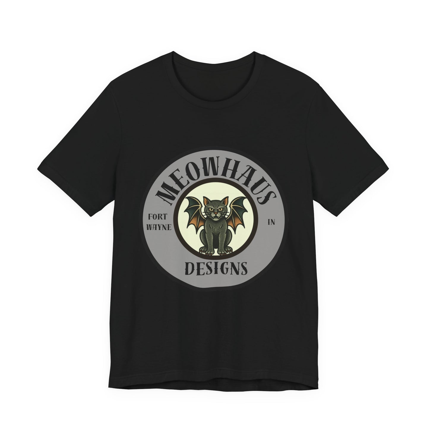 MHD Emblem - Grey Circle - Vintage Tattoo Meowhaus Designs Bat Cat Logo Tee