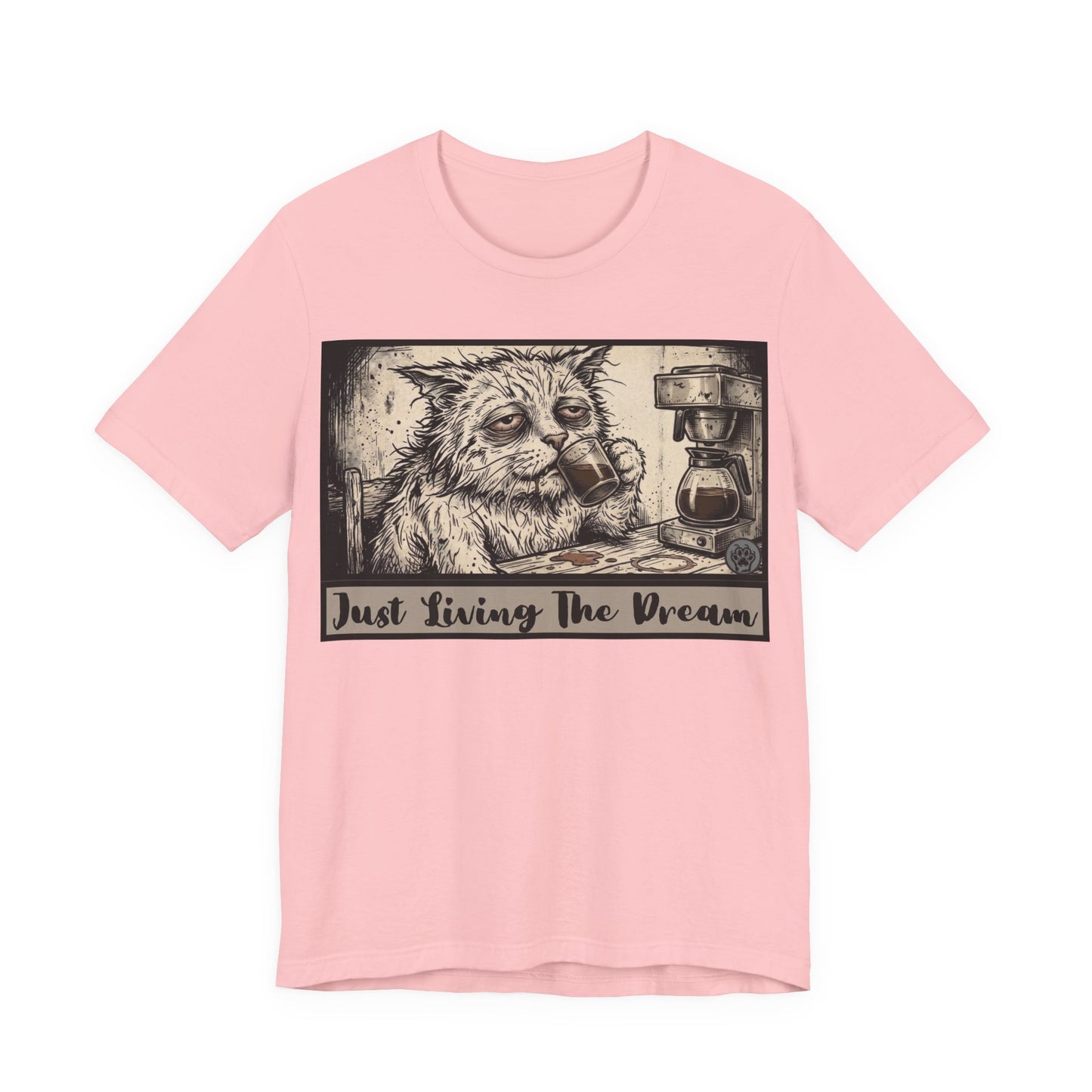 Scraps - Just Living The Dream - Tired Reluctant Morning Cat Tee — Vintage Cat Coffee T-Shirt