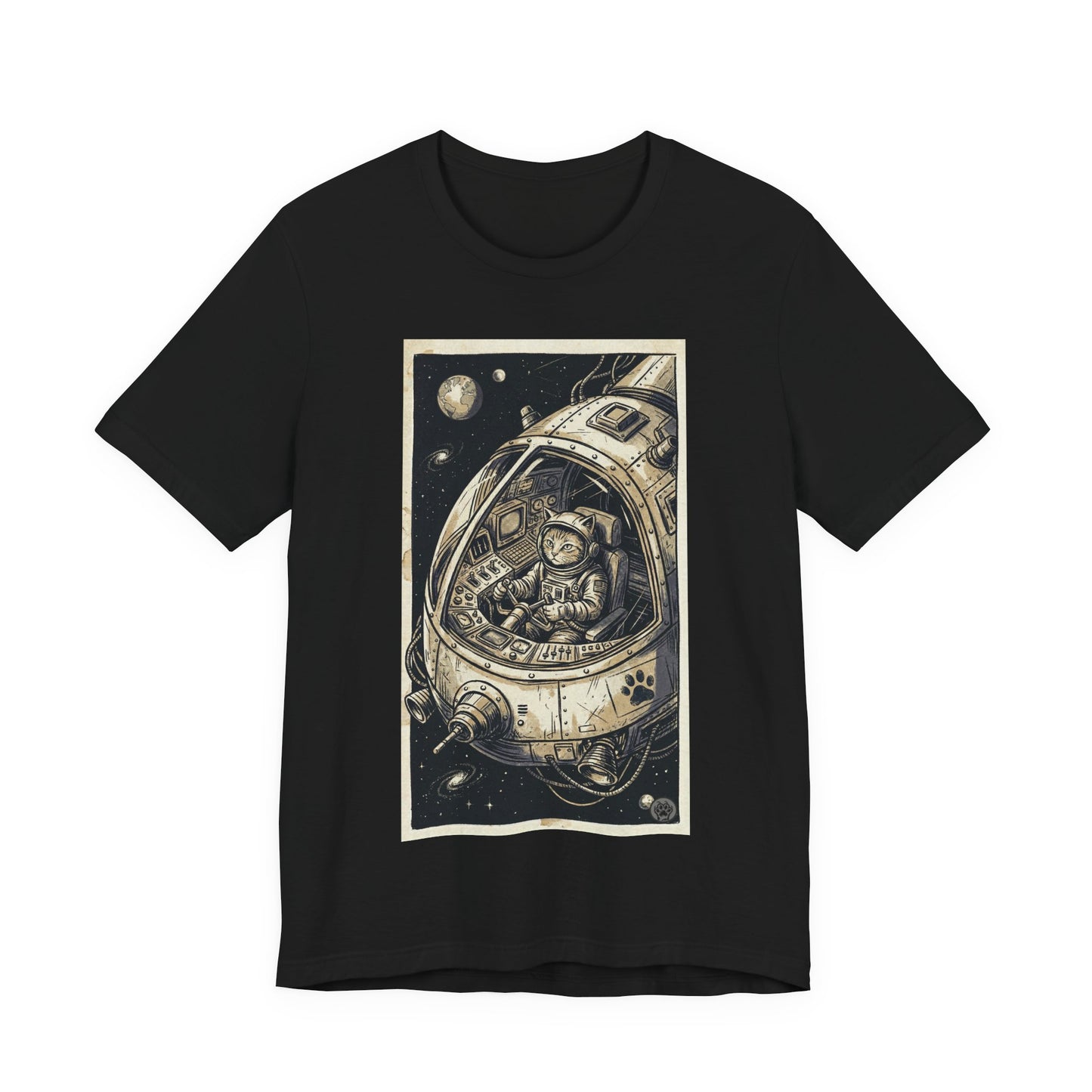 SpaceCat - To The Rescue! - Cat Astronaut in Rocket Capsule Graphic Tee – Vintage Style Space Pilot Illustration