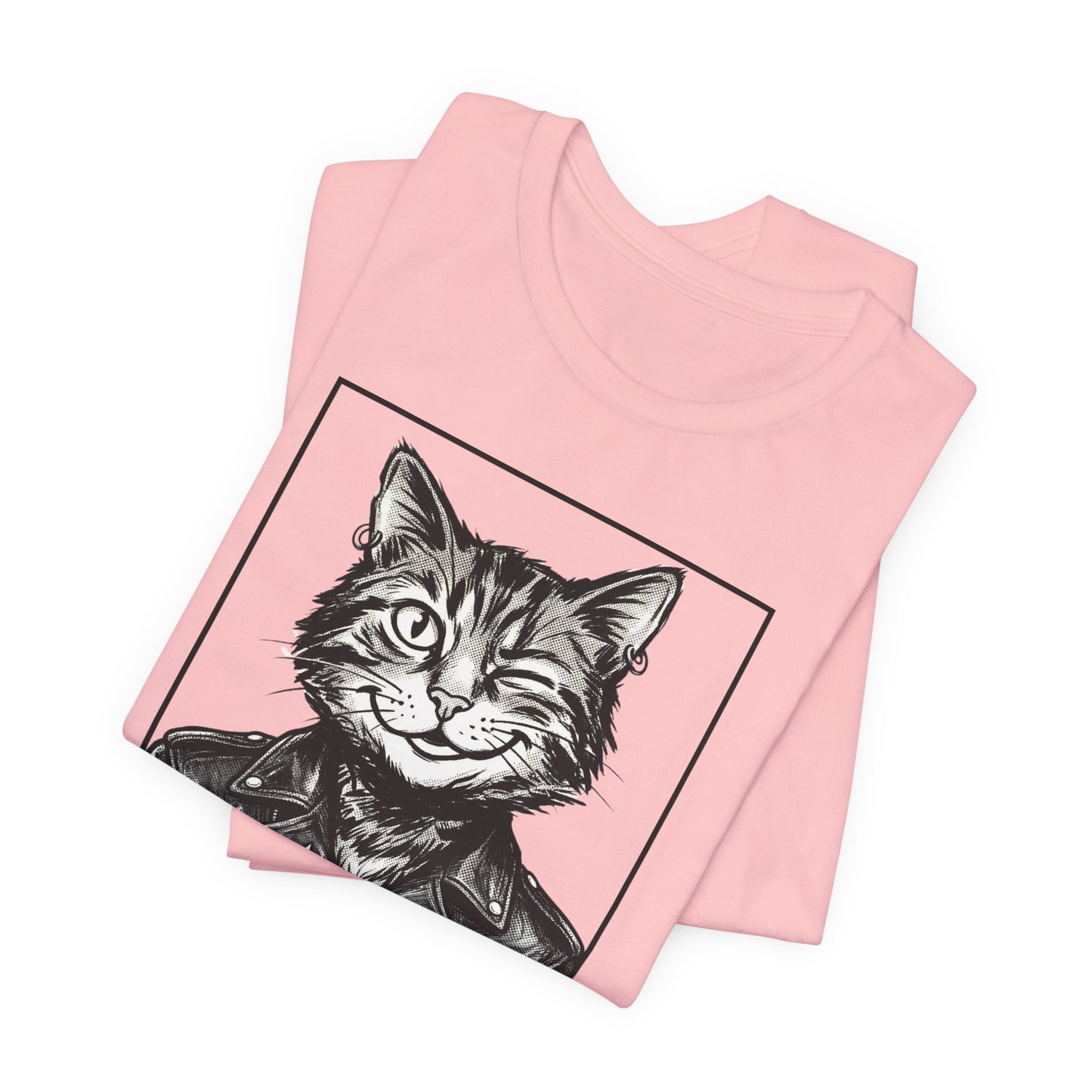 WinkyCat - Leather Jacket & Snarky Gesture - Cat Biker Tee — Grinning Cat in Leather Jacket Graphic T-Shirt