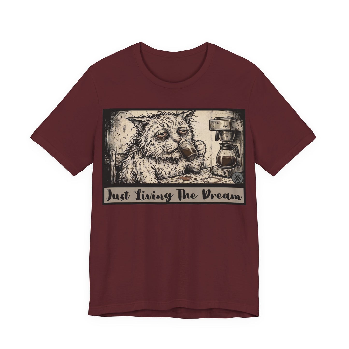Scraps - Just Living The Dream - Tired Reluctant Morning Cat Tee — Vintage Cat Coffee T-Shirt
