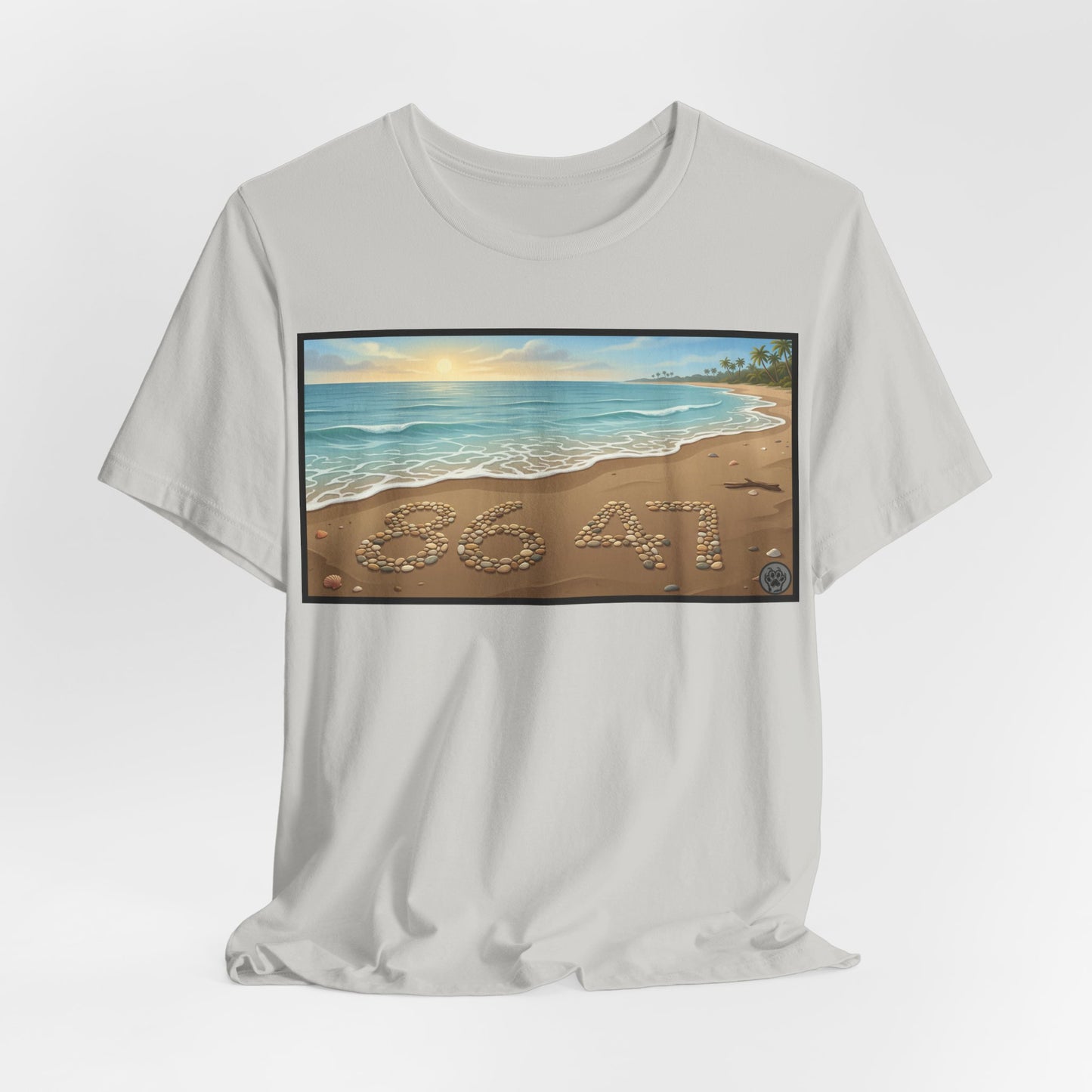 A Nice Day At The Beach - Horizontal V2 - Beach Sunset T-Shirt with '86 47' Sand Art – Coastal Vacation Tee