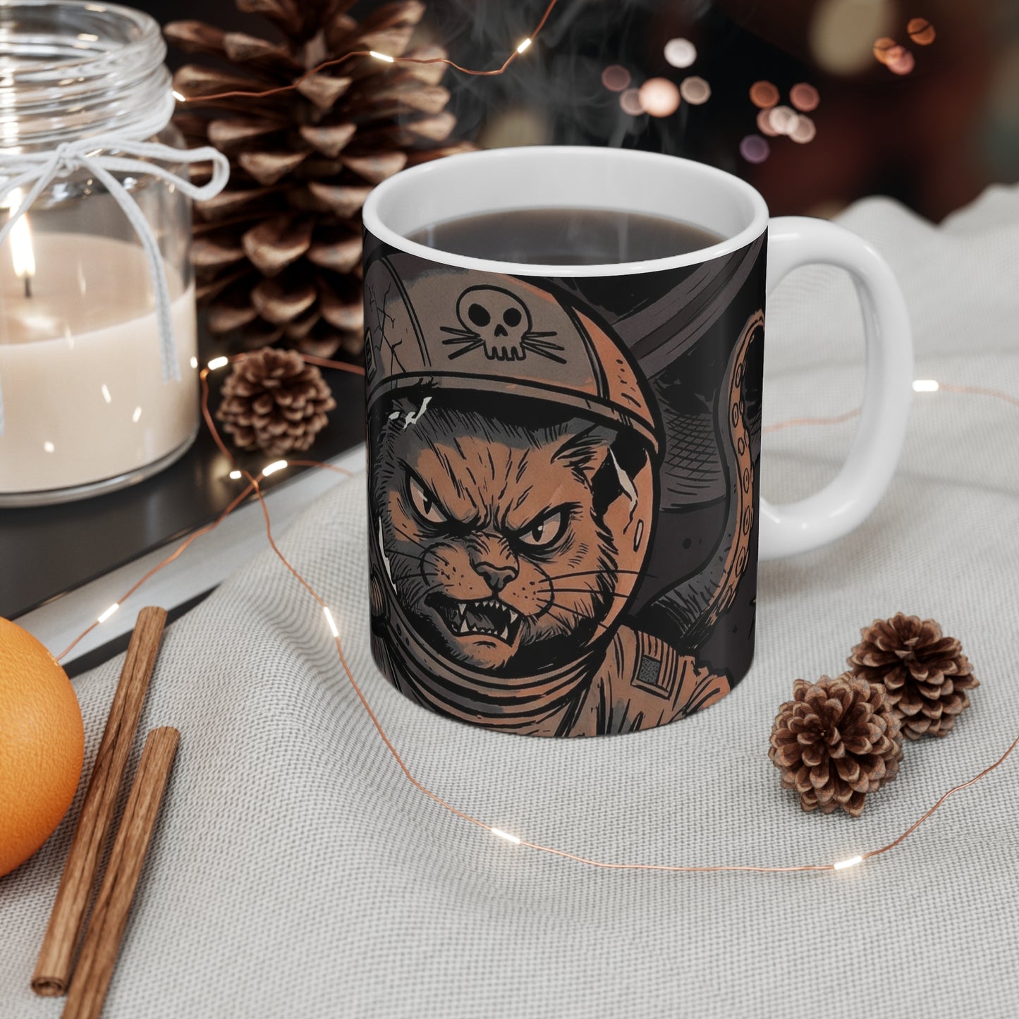 AlienCat Astronaut - Dark - 11oz Mug Right Handle — Space Cat Astronaut with Octopus Tentacles Coffee Cup