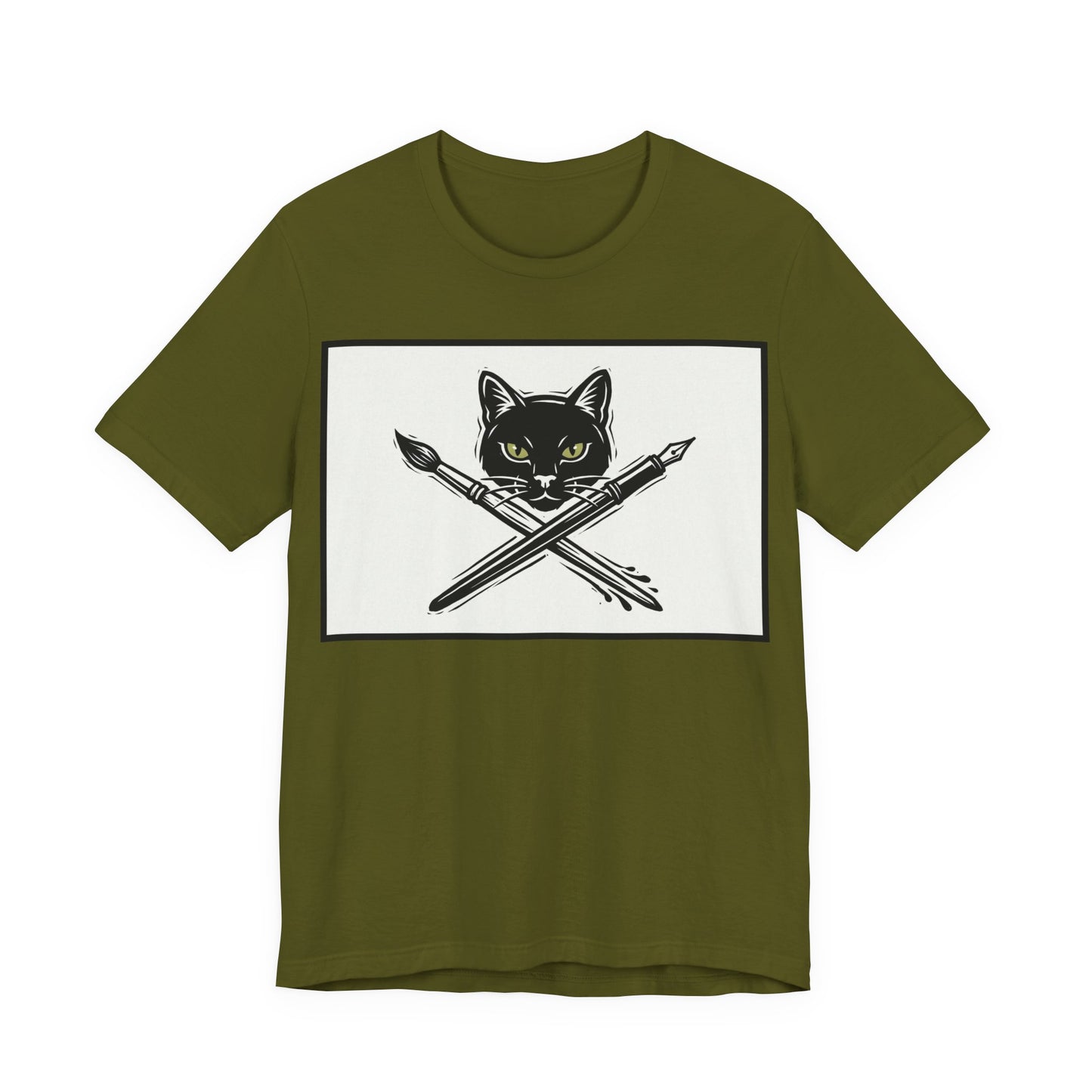 Creative Cat T‑Shirt – Black Cat with Crossed Paintbrush & Pen Graphic