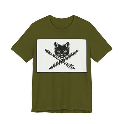Creative Cat T‑Shirt – Black Cat with Crossed Paintbrush & Pen Graphic