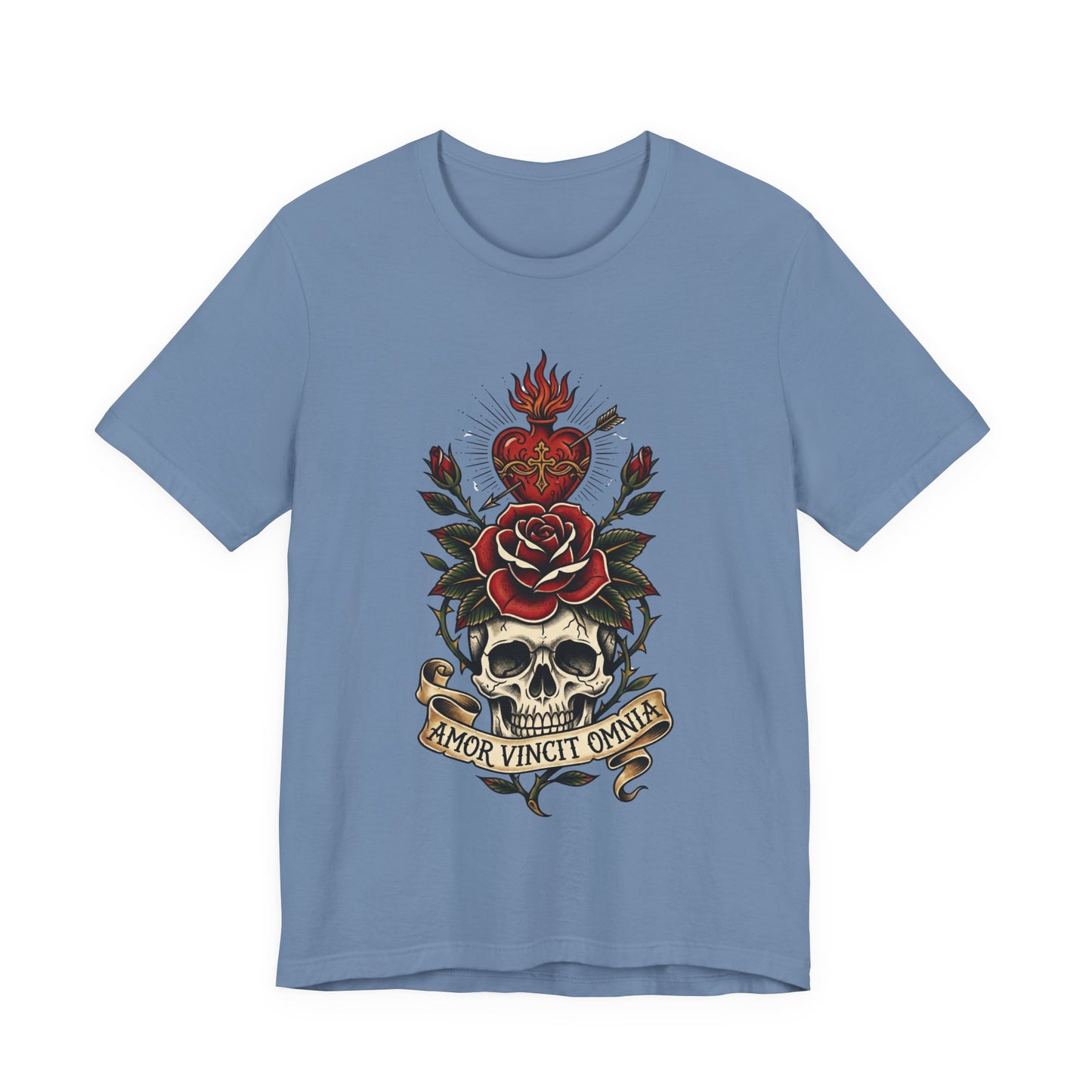 AVO - Tattoo T-Shirt — 'Amor Vincit Omnia' Skull & Rose Sacred Heart Tee