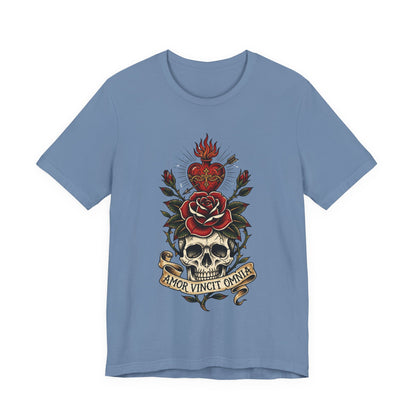 AVO - Tattoo T-Shirt — 'Amor Vincit Omnia' Skull & Rose Sacred Heart Tee