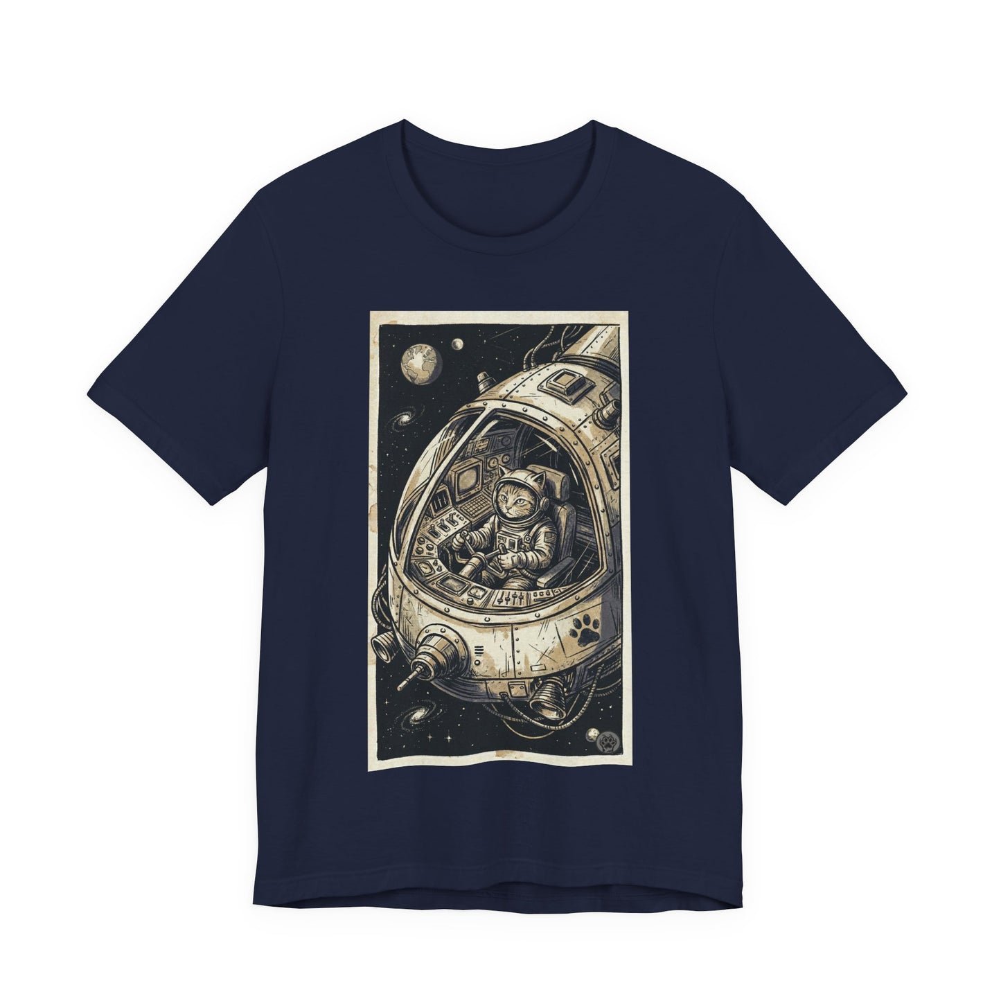 SpaceCat - To The Rescue! - Cat Astronaut in Rocket Capsule Graphic Tee – Vintage Style Space Pilot Illustration