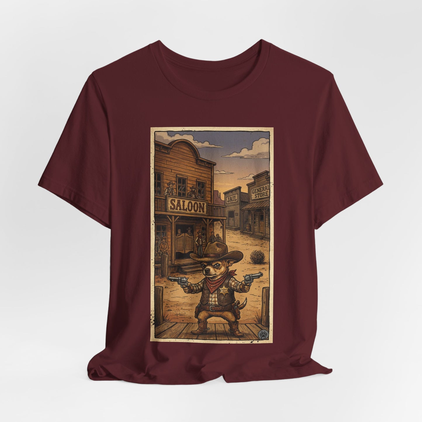 SheriffPaco - Vertical - Chihuahua Sheriff Western Saloon Showdown T-Shirt — Vintage Cowboy Sheriff Puppy Dog Graphic Tee