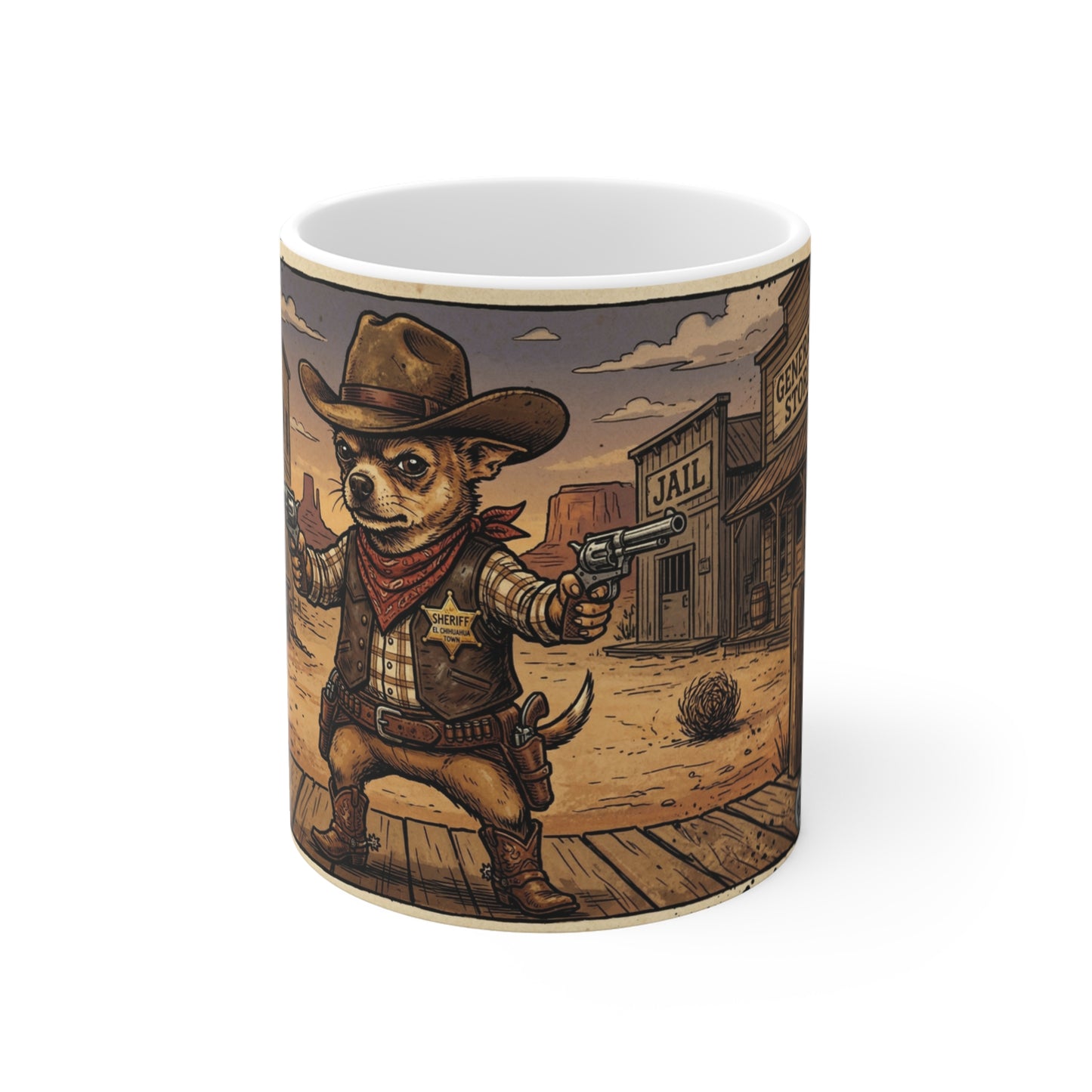 SheriffPaco - 11oz Mug Left Handle - Western Cowboy Sheriff Chihuahua Dog Mug - 11oz Novelty Saloon Coffee Cup