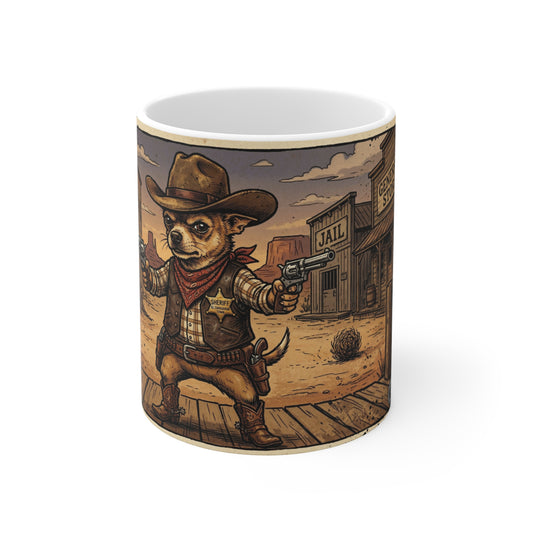 SheriffPaco - 11oz Mug Left Handle - Western Cowboy Sheriff Chihuahua Dog Mug - 11oz Novelty Saloon Coffee Cup