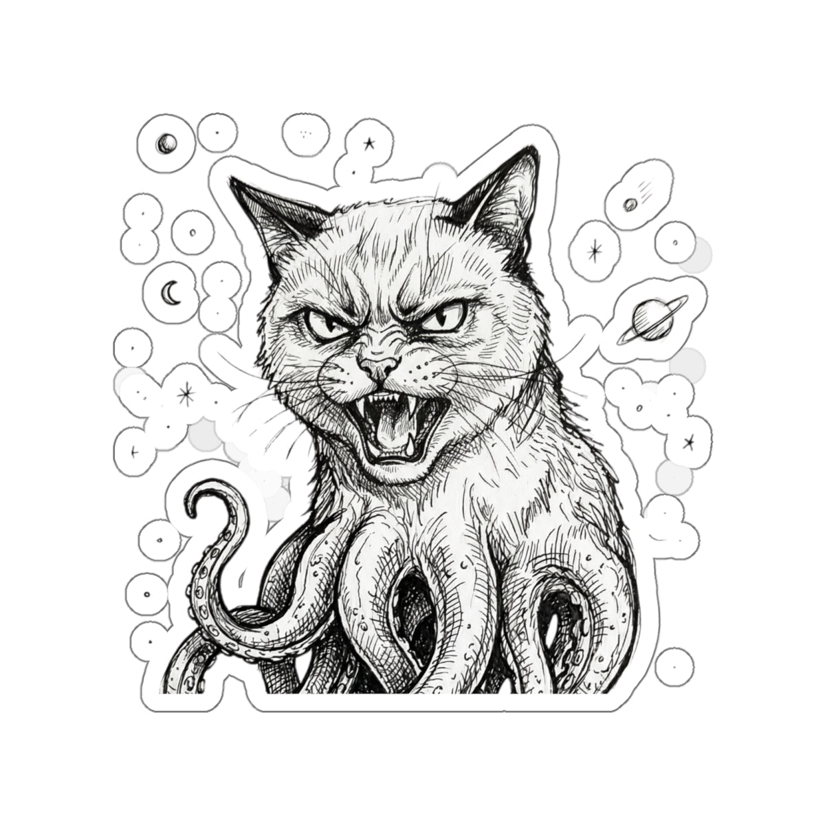 AlienCat In Space! - Mutant Creature Die-Cut Sticker — Black & White Gothic Cat with Octopus Tentacles