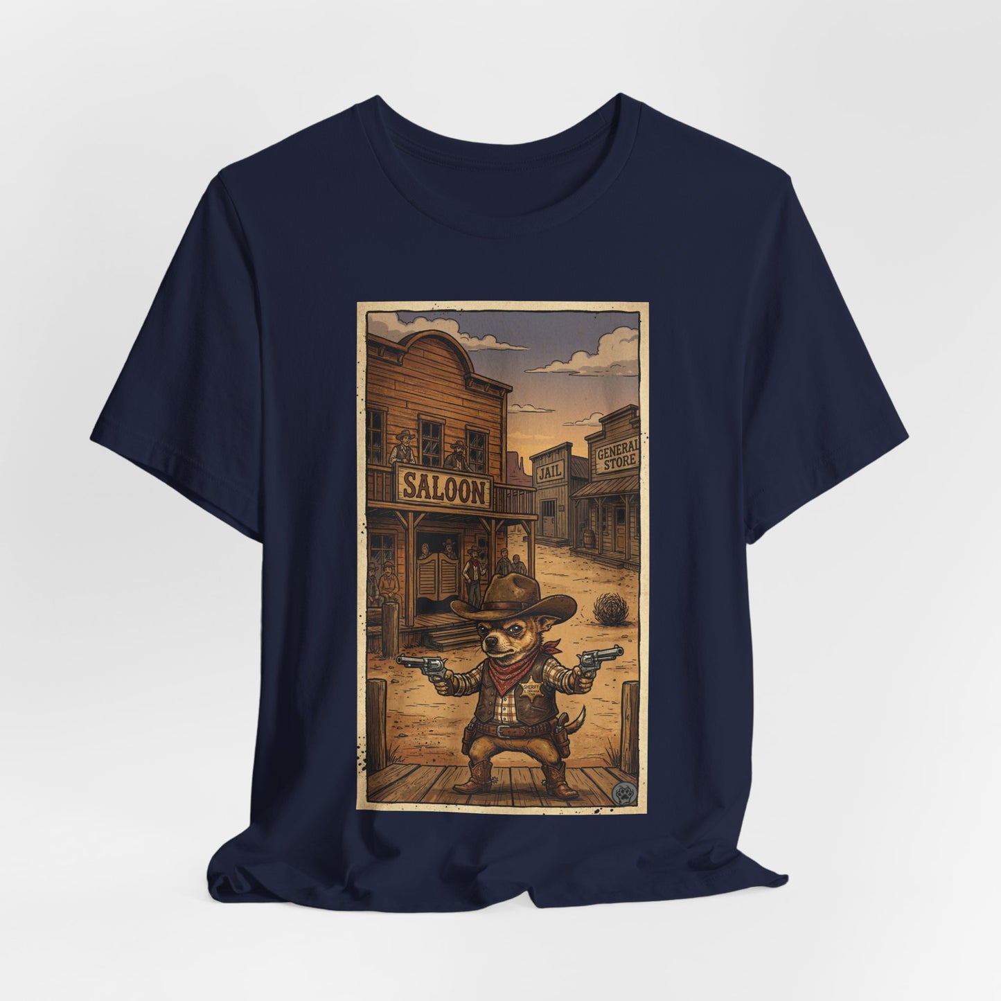 SheriffPaco - Vertical - Chihuahua Sheriff Western Saloon Showdown T-Shirt — Vintage Cowboy Sheriff Puppy Dog Graphic Tee