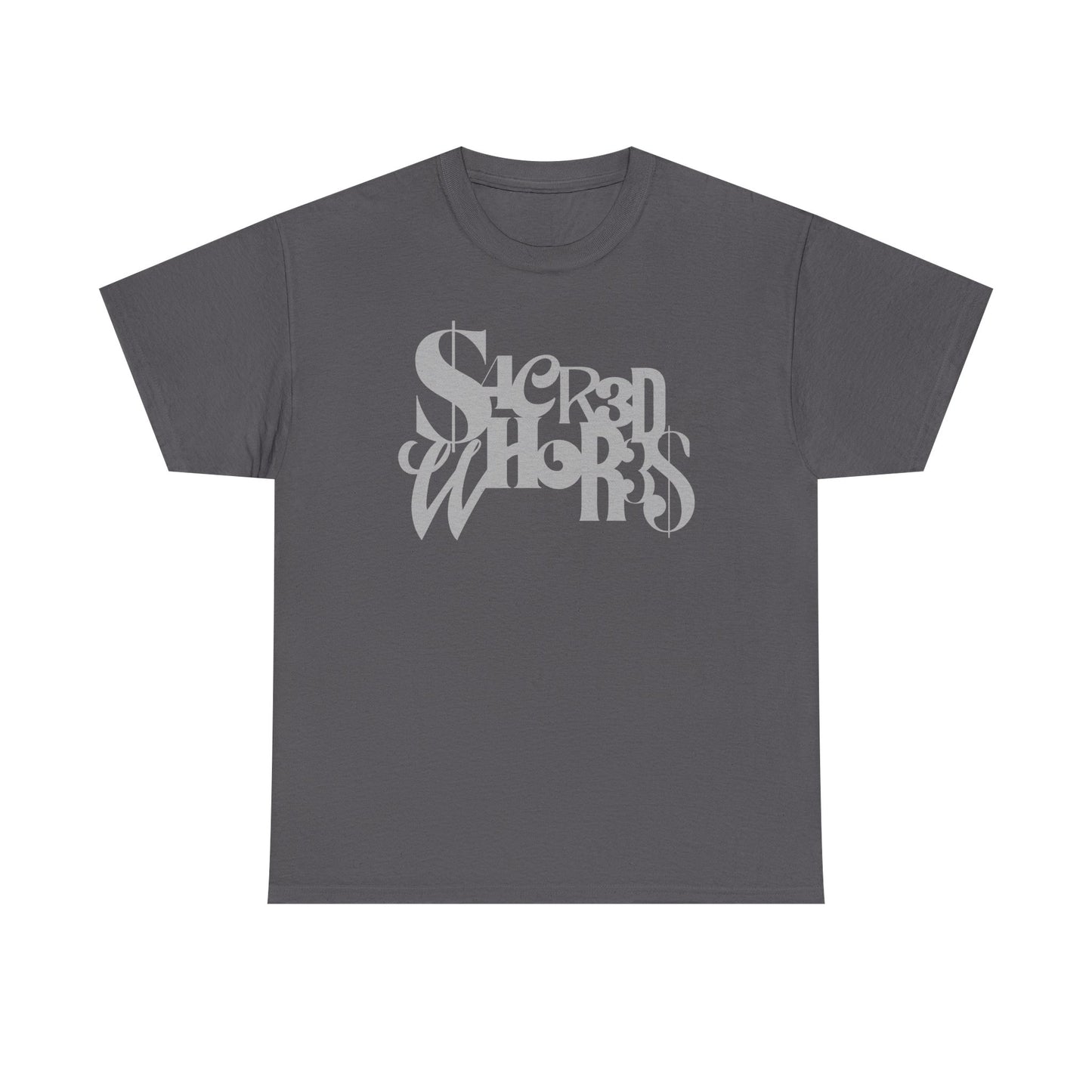 Sacred Whores - Mixed Fonts Graphic Tee — Gothic Script Black T-Shirt