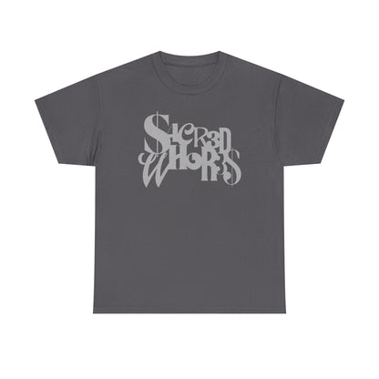 Sacred Whores - Mixed Fonts Graphic Tee — Gothic Script Black T-Shirt