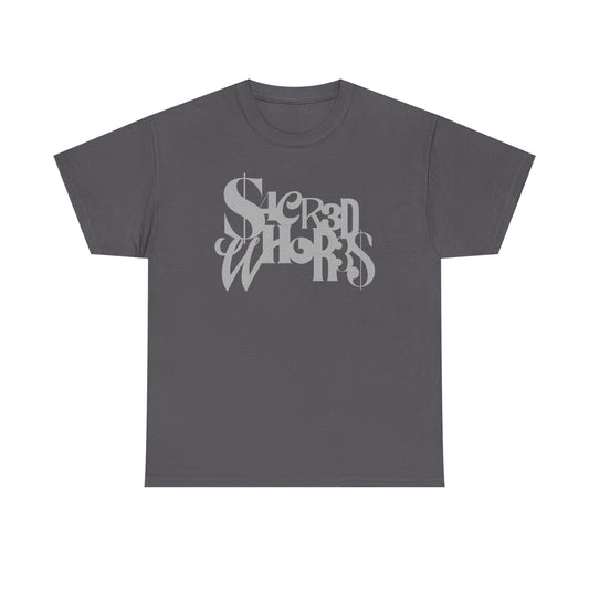 Sacred Whores - Mixed Fonts Graphic Tee — Gothic Script Black T-Shirt