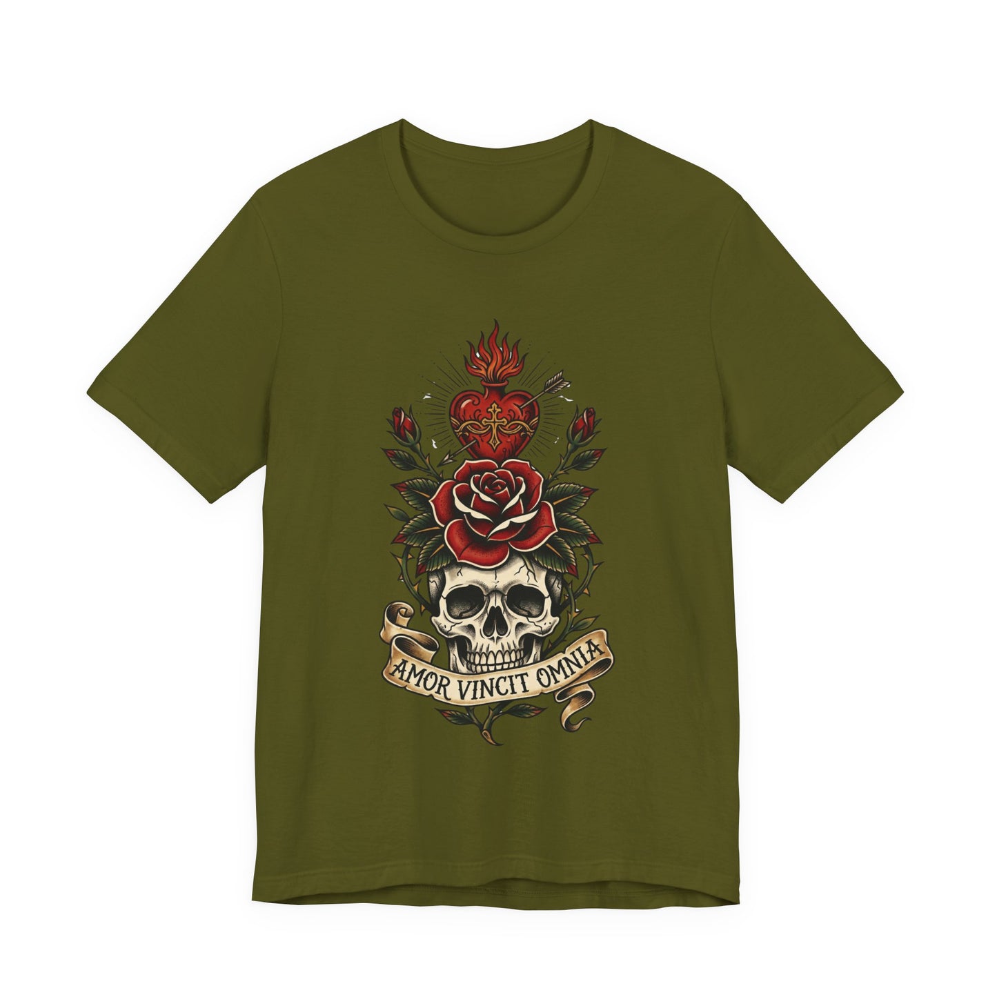 AVO - Tattoo T-Shirt — 'Amor Vincit Omnia' Skull & Rose Sacred Heart Tee