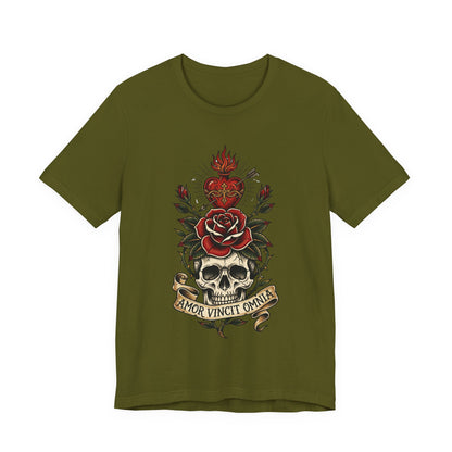 AVO - Tattoo T-Shirt — 'Amor Vincit Omnia' Skull & Rose Sacred Heart Tee