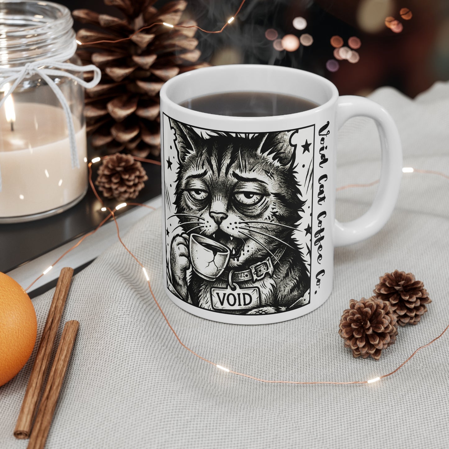 VOID - 11oz Mug - Cat Coffee Mug — 'Void' Vintage Black & White Cat with Cup