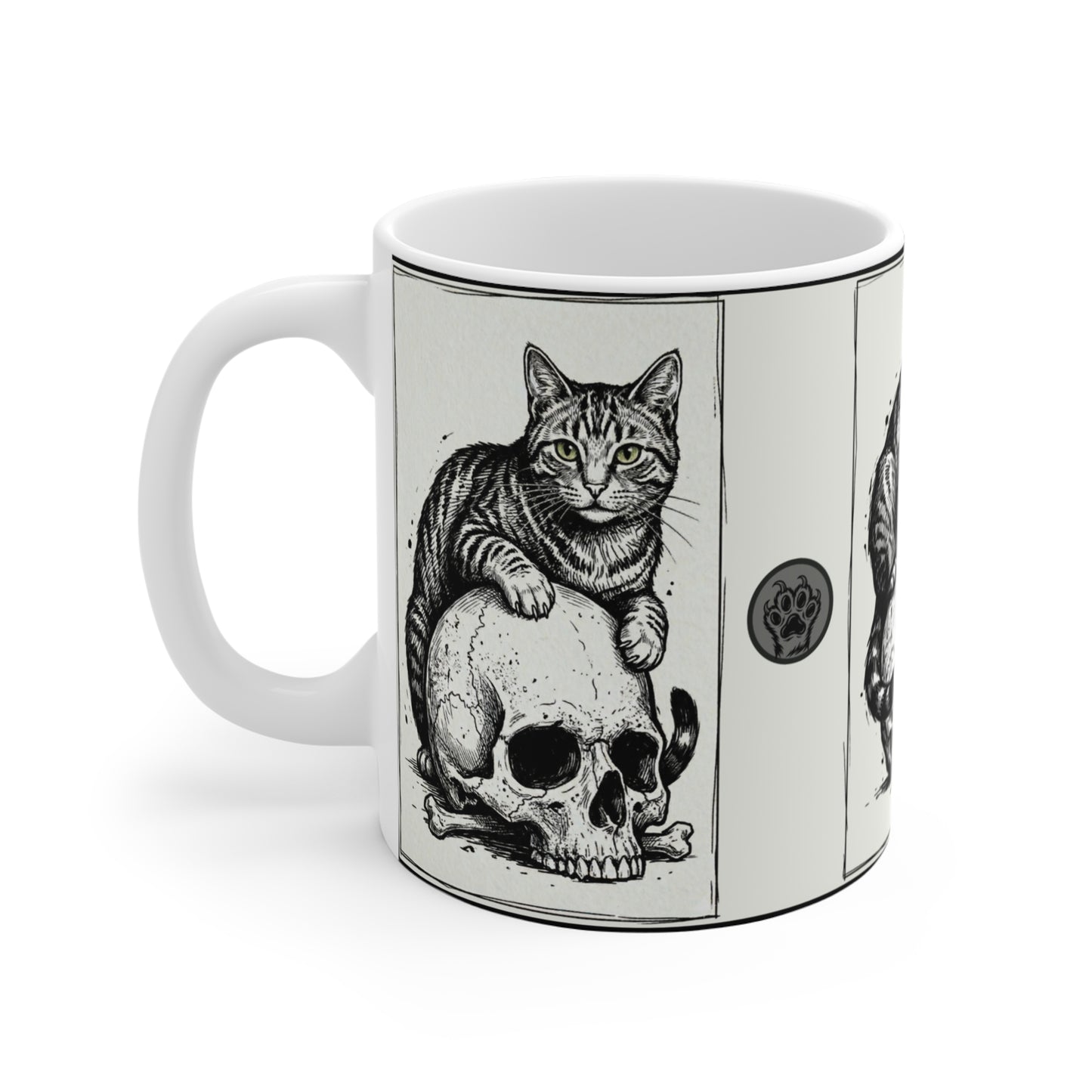 Three Cats on Skulls - 11oz Mug Ambi Handle — Gothic Cat Coffee Cup