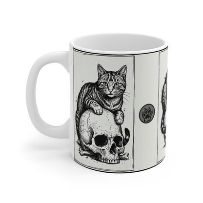 Three Cats on Skulls - 11oz Mug Ambi Handle — Gothic Cat Coffee Cup