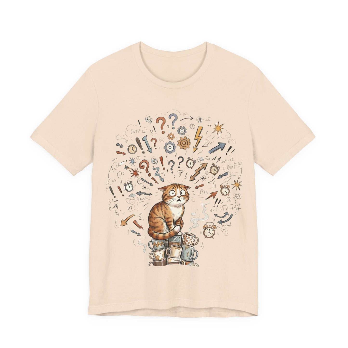 VOID - Overwhelmed! Coffee Cat Tee — Cute Cat with Question Marks Graphic T-Shirt