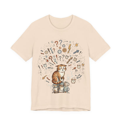 VOID - Overwhelmed! Coffee Cat Tee — Cute Cat with Question Marks Graphic T-Shirt