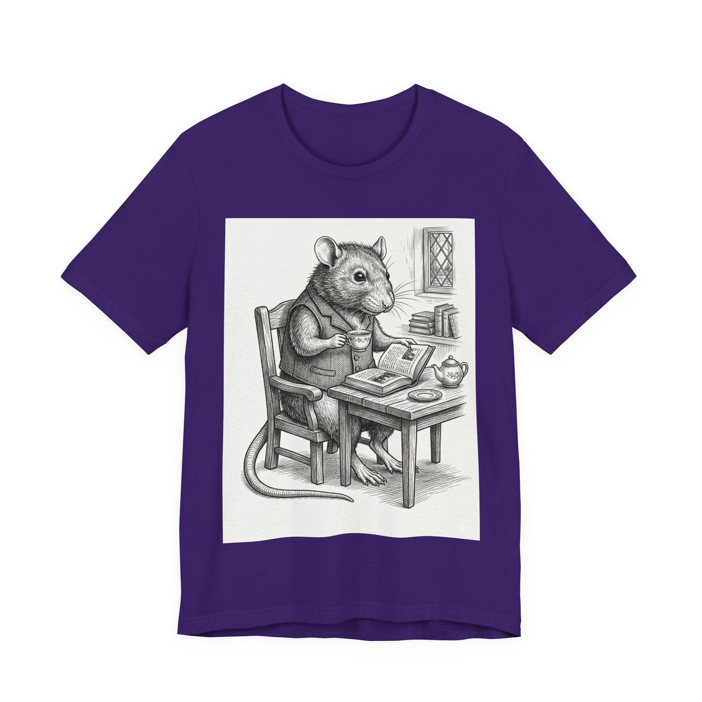 Ratney - "Cup of Tea & A Good Book" - Rodent Scholar T‑Shirt — Vintage Style Illustration of a Reading Rat with Tea