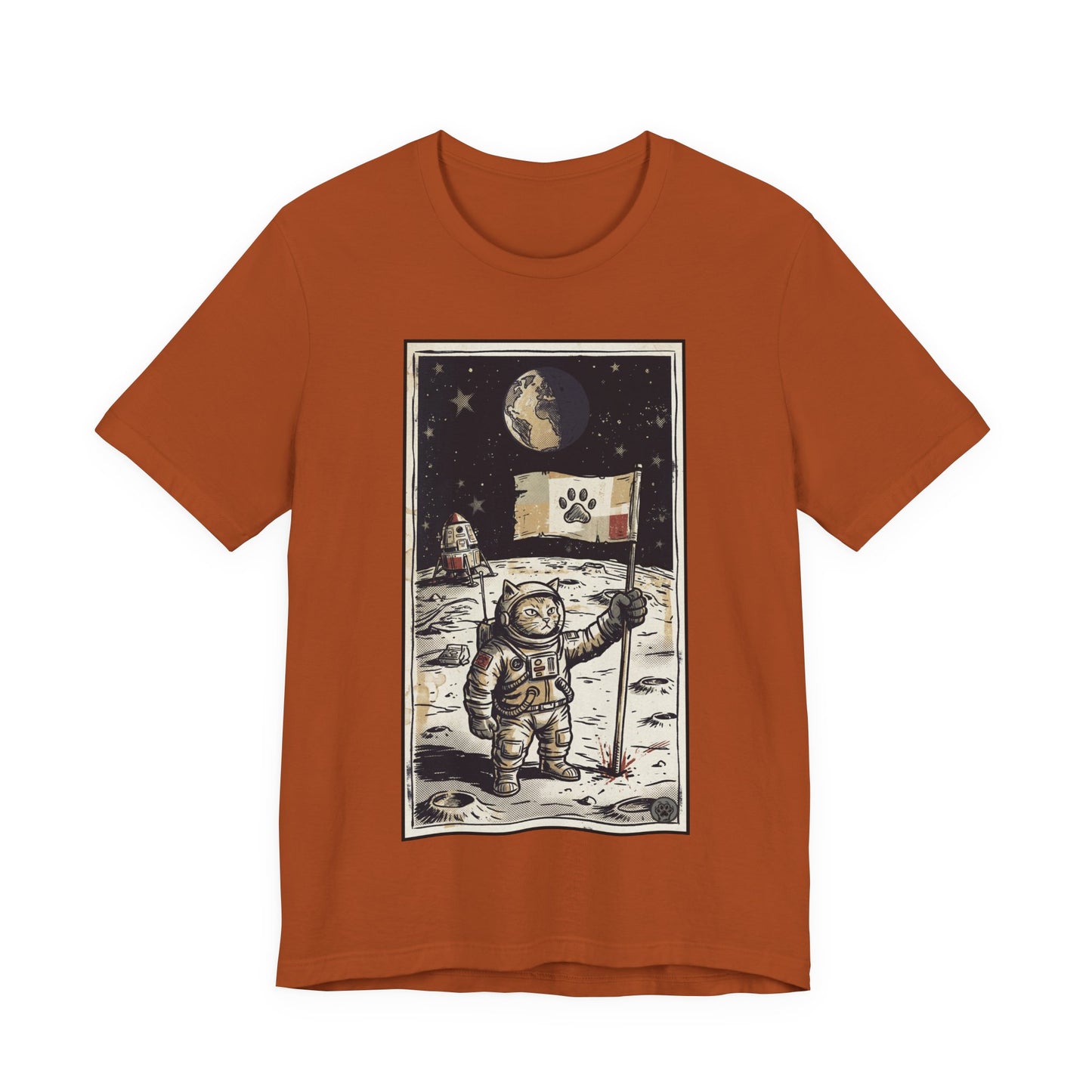 SpaceCat - Conquers The Moon! - Astronaut Cat Moon T-Shirt — Vintage Styled Space Kitty Flag Tee