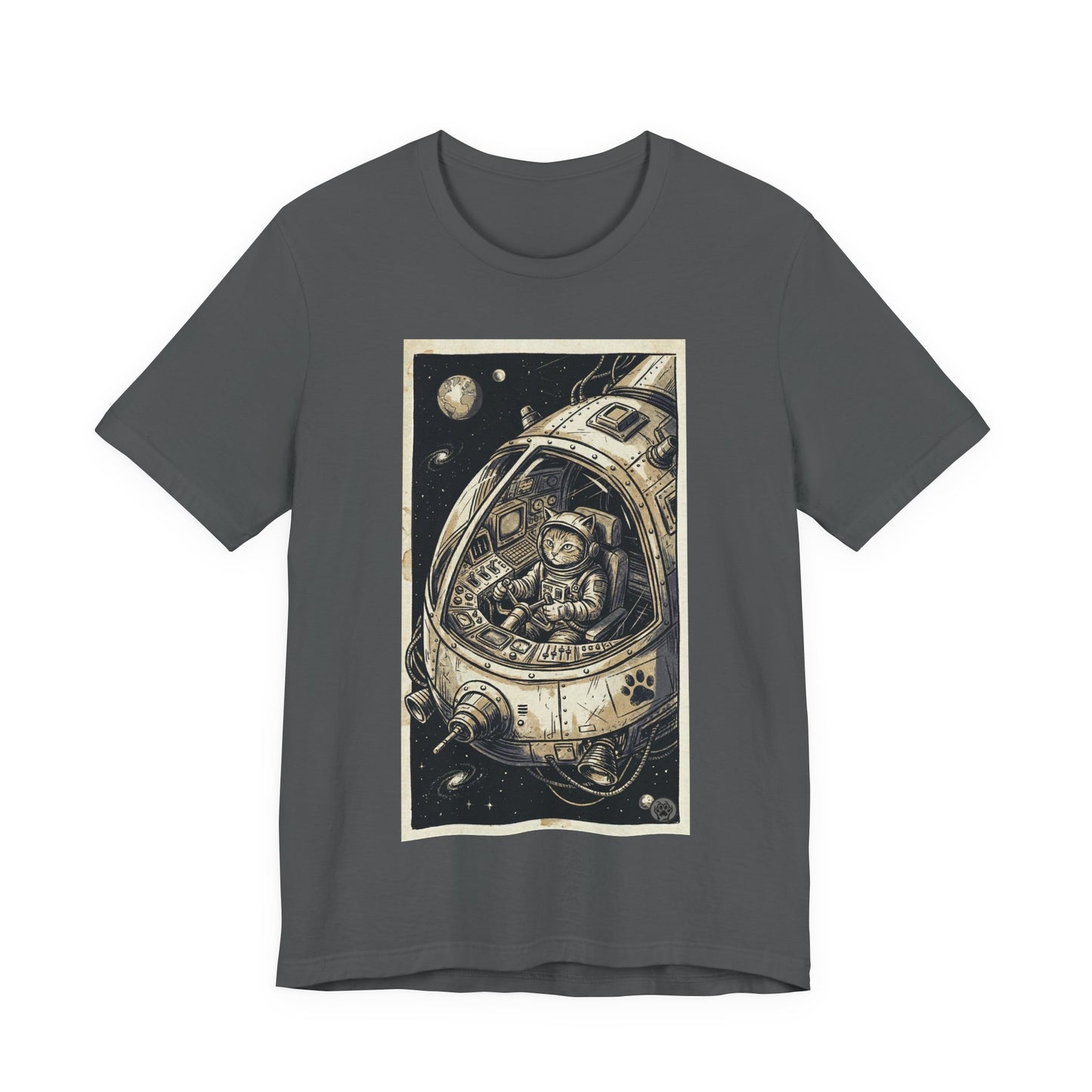 SpaceCat - To The Rescue! - Cat Astronaut in Rocket Capsule Graphic Tee – Vintage Style Space Pilot Illustration