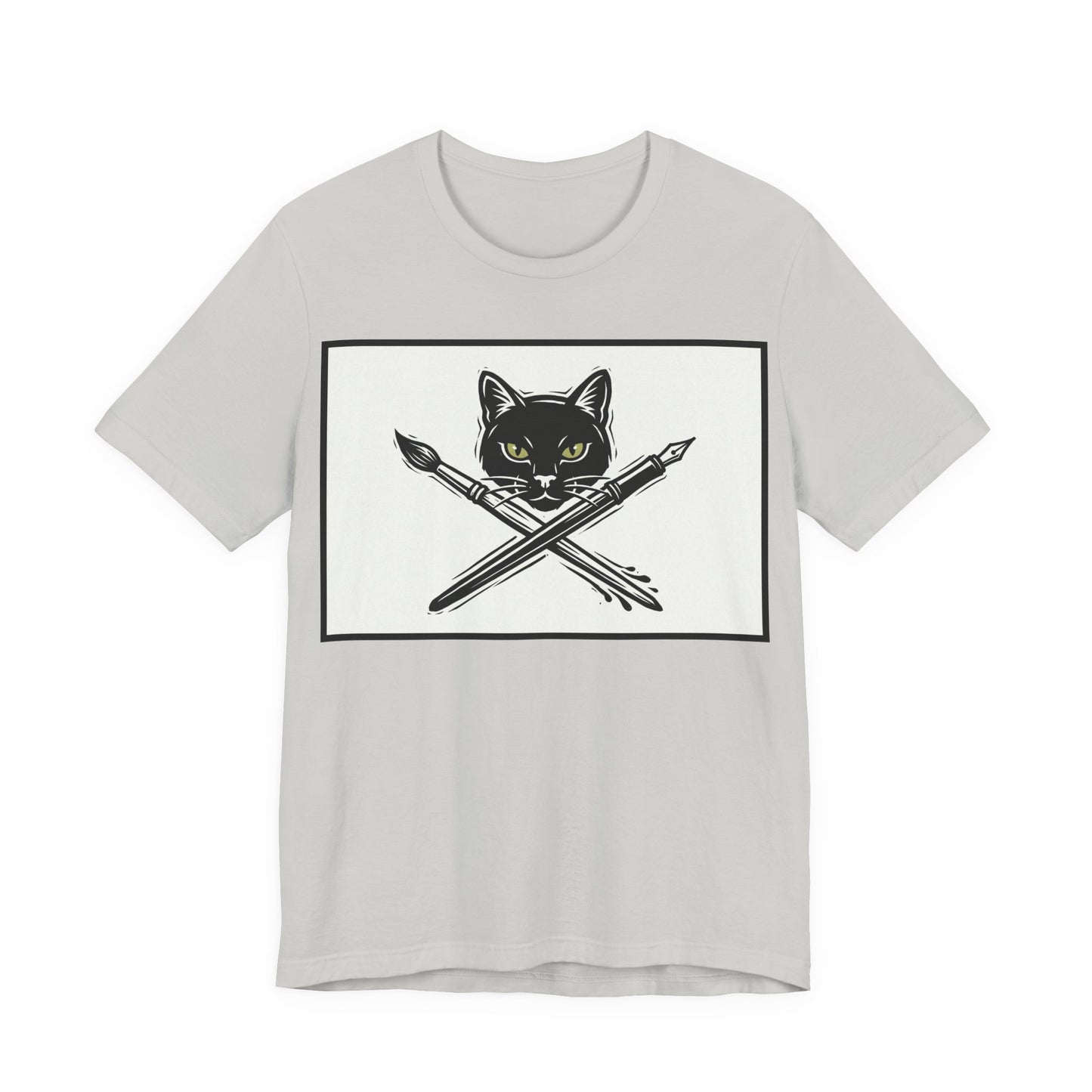 Creative Cat T‑Shirt – Black Cat with Crossed Paintbrush & Pen Graphic