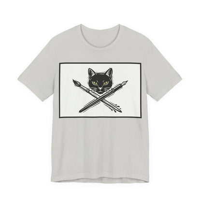 Creative Cat T‑Shirt – Black Cat with Crossed Paintbrush & Pen Graphic