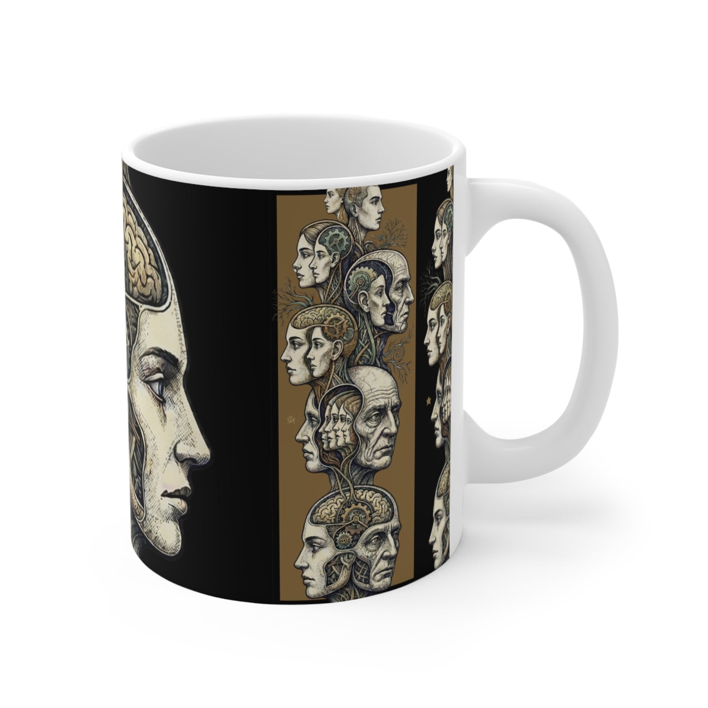 Family Of Thought - New Design 1 - 11oz Mug Ambi Handle - Anatomical Brain Gear Mug — Vintage Steampunk Heads Coffee Cup (11oz)