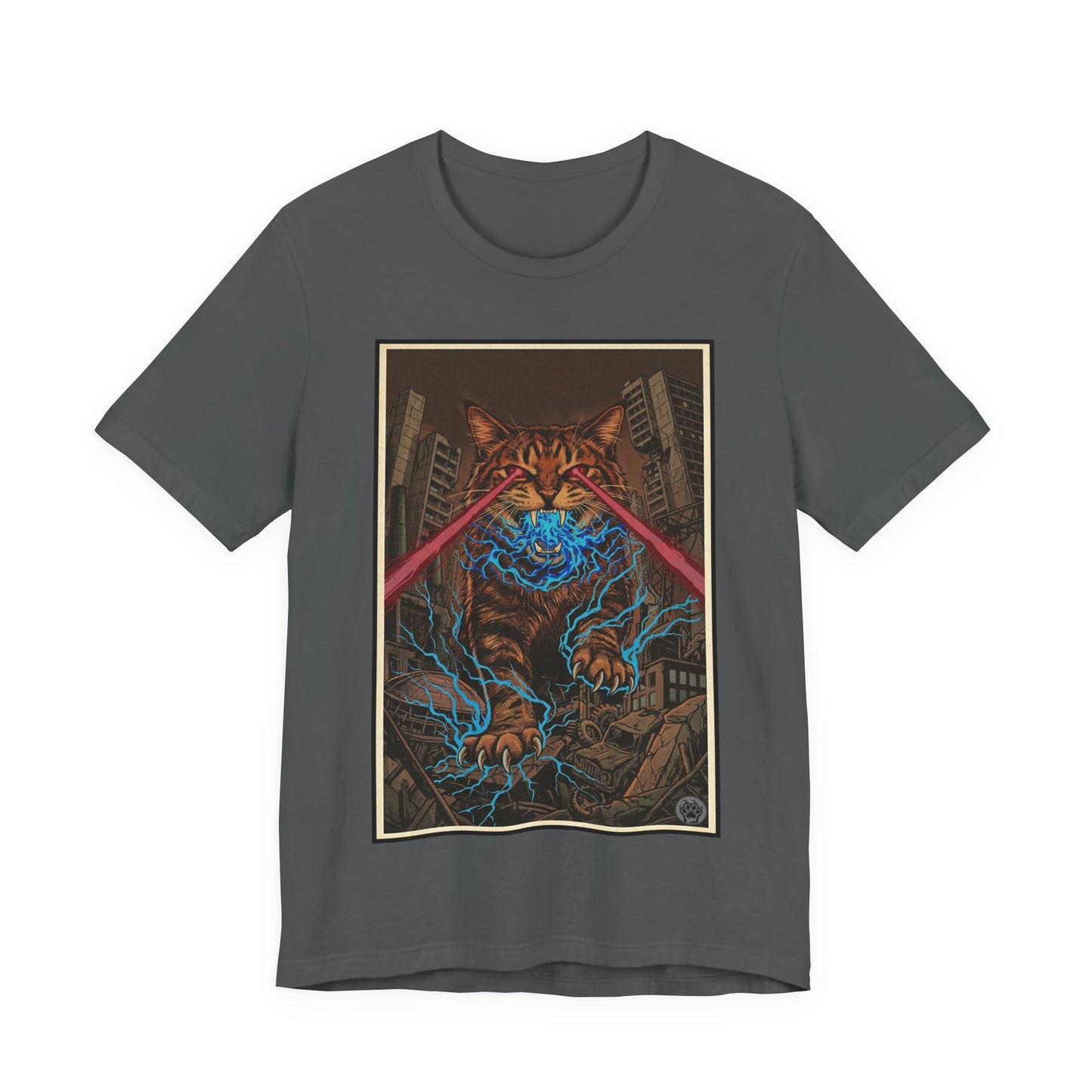 CityCat Attacks! Dark with Red Lasers - Tiger Kitty Kaiju Tee — Laser-Eyed Monster Cityscape T-Shirt