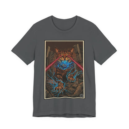 CityCat Attacks! Dark with Red Lasers - Tiger Kitty Kaiju Tee — Laser-Eyed Monster Cityscape T-Shirt