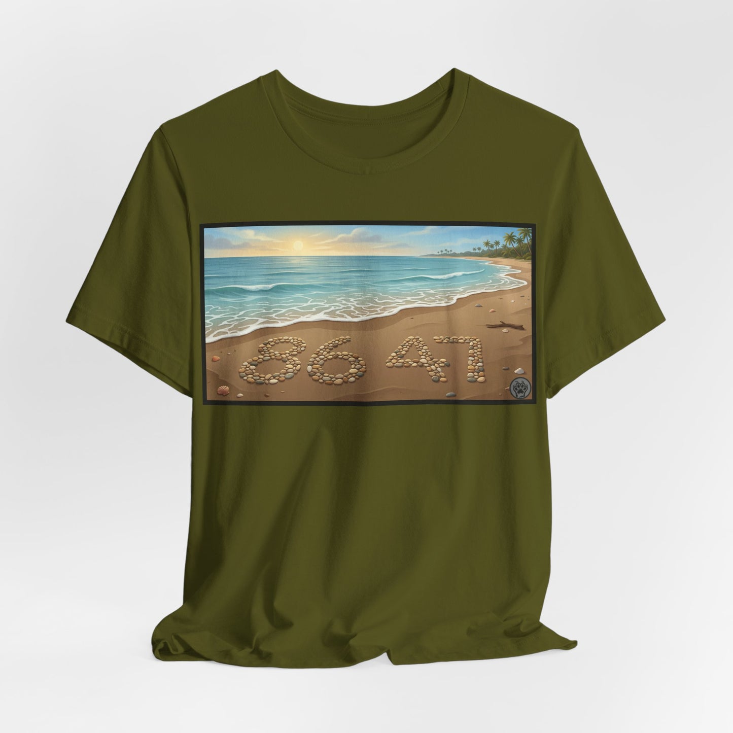 A Nice Day At The Beach - Horizontal V2 - Beach Sunset T-Shirt with '86 47' Sand Art – Coastal Vacation Tee