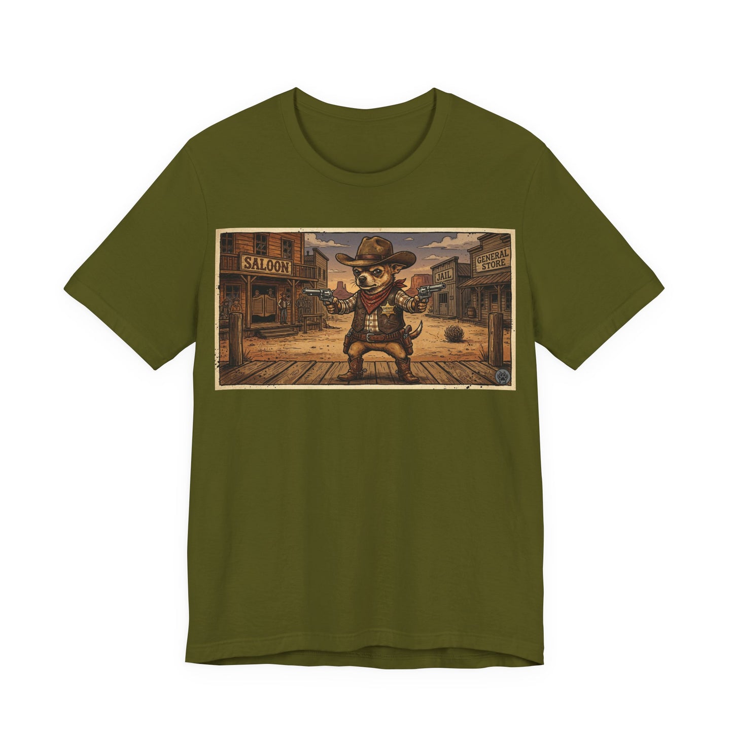 SheriffPaco - Horizontal - Western Cowboy Sheriff Chihuahua T-Shirt — Vintage Saloon Puppy Dog Graphic Tee