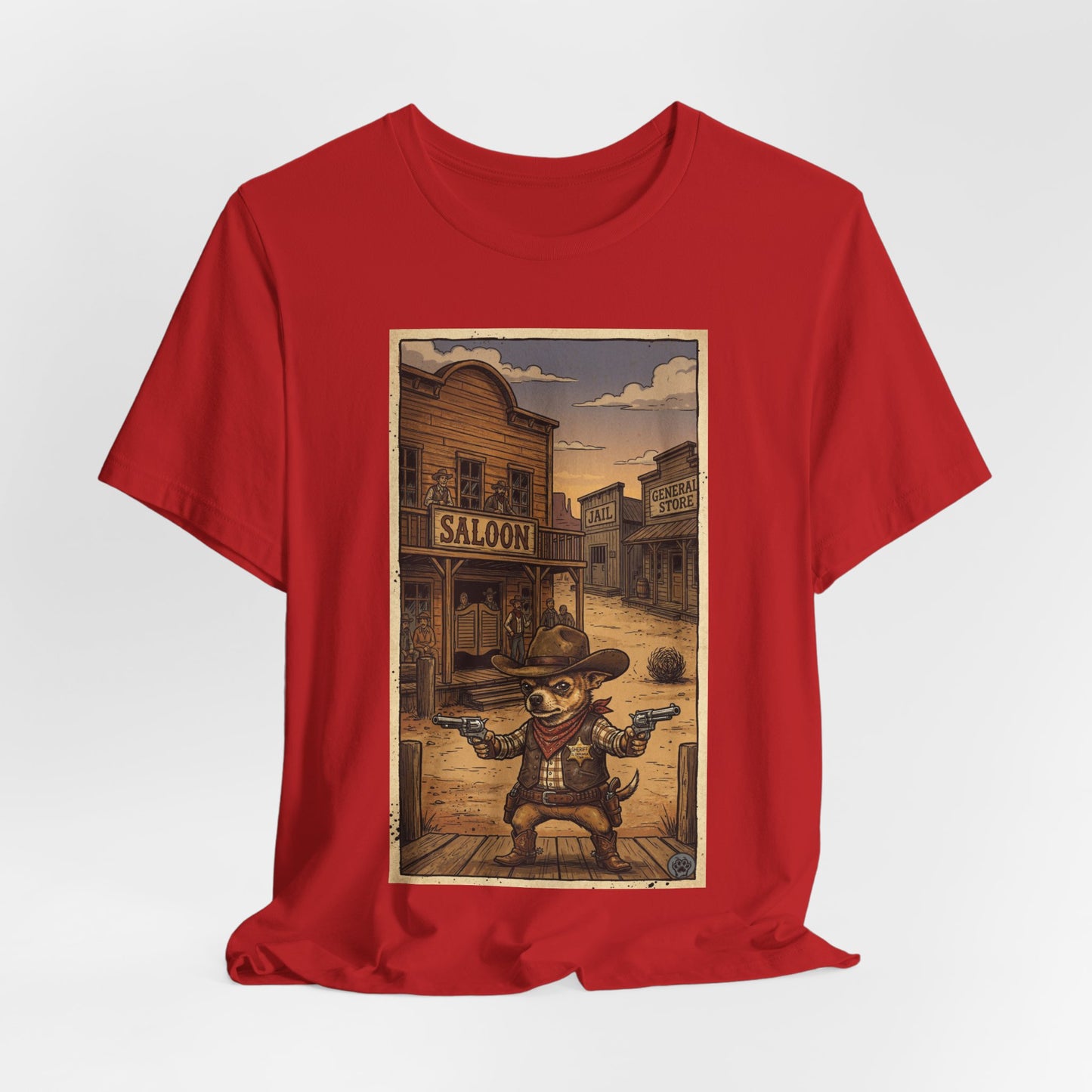 SheriffPaco - Vertical - Chihuahua Sheriff Western Saloon Showdown T-Shirt — Vintage Cowboy Sheriff Puppy Dog Graphic Tee