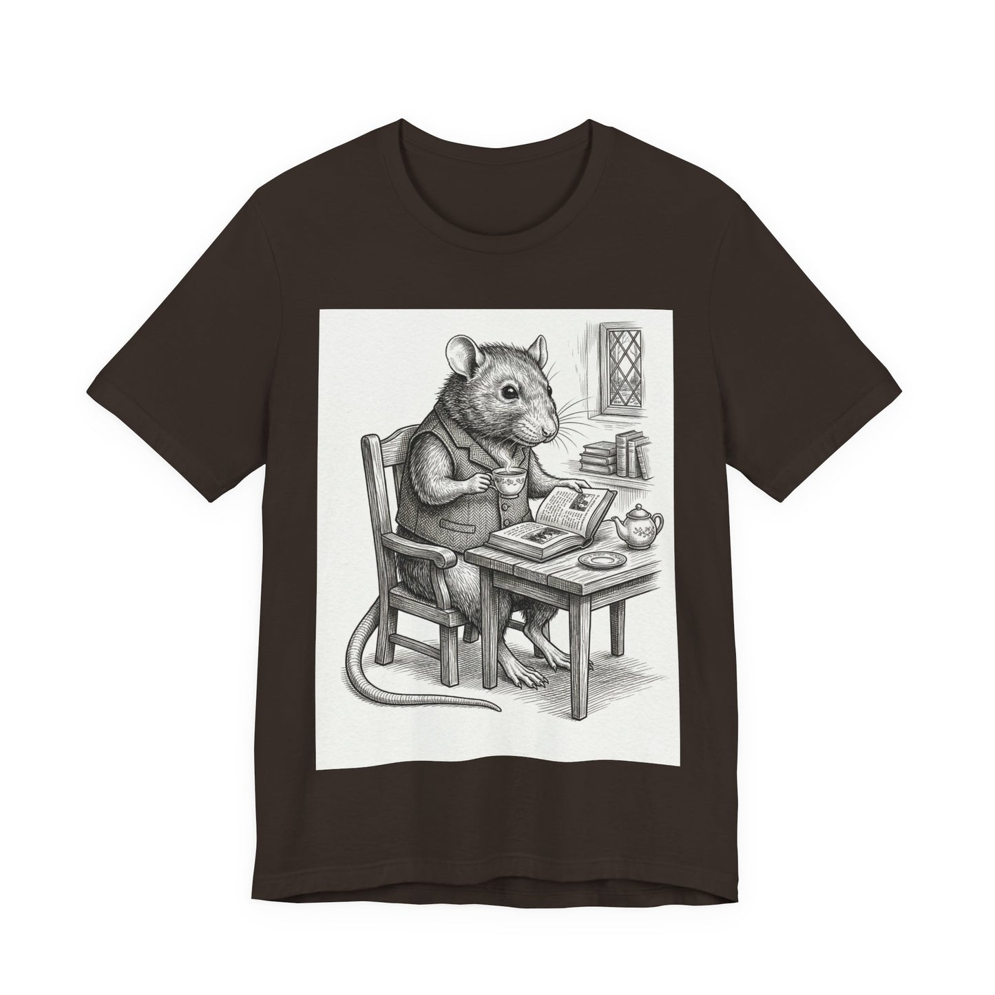 Ratney - "Cup of Tea & A Good Book" - Rodent Scholar T‑Shirt — Vintage Style Illustration of a Reading Rat with Tea