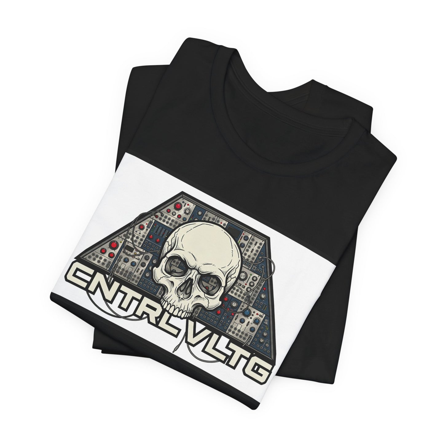 CV Control Voltage = TriBase White - Modular Synth Skull Analog Circuit Tee — “CNTRL VLTG” Retro Tech Graphic T-Shirt
