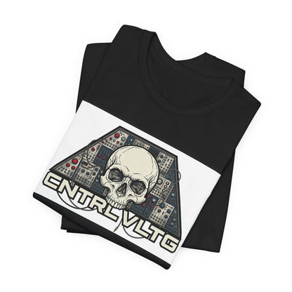 CV Control Voltage = TriBase White - Modular Synth Skull Analog Circuit Tee — “CNTRL VLTG” Retro Tech Graphic T-Shirt