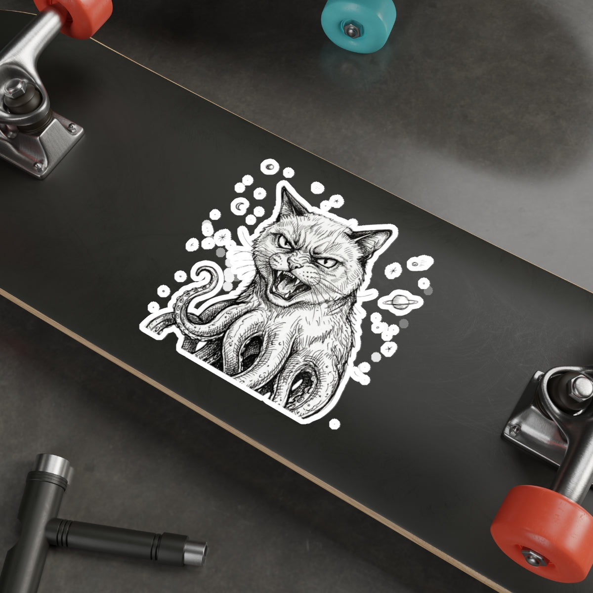 AlienCat In Space! - Mutant Creature Die-Cut Sticker — Black & White Gothic Cat with Octopus Tentacles