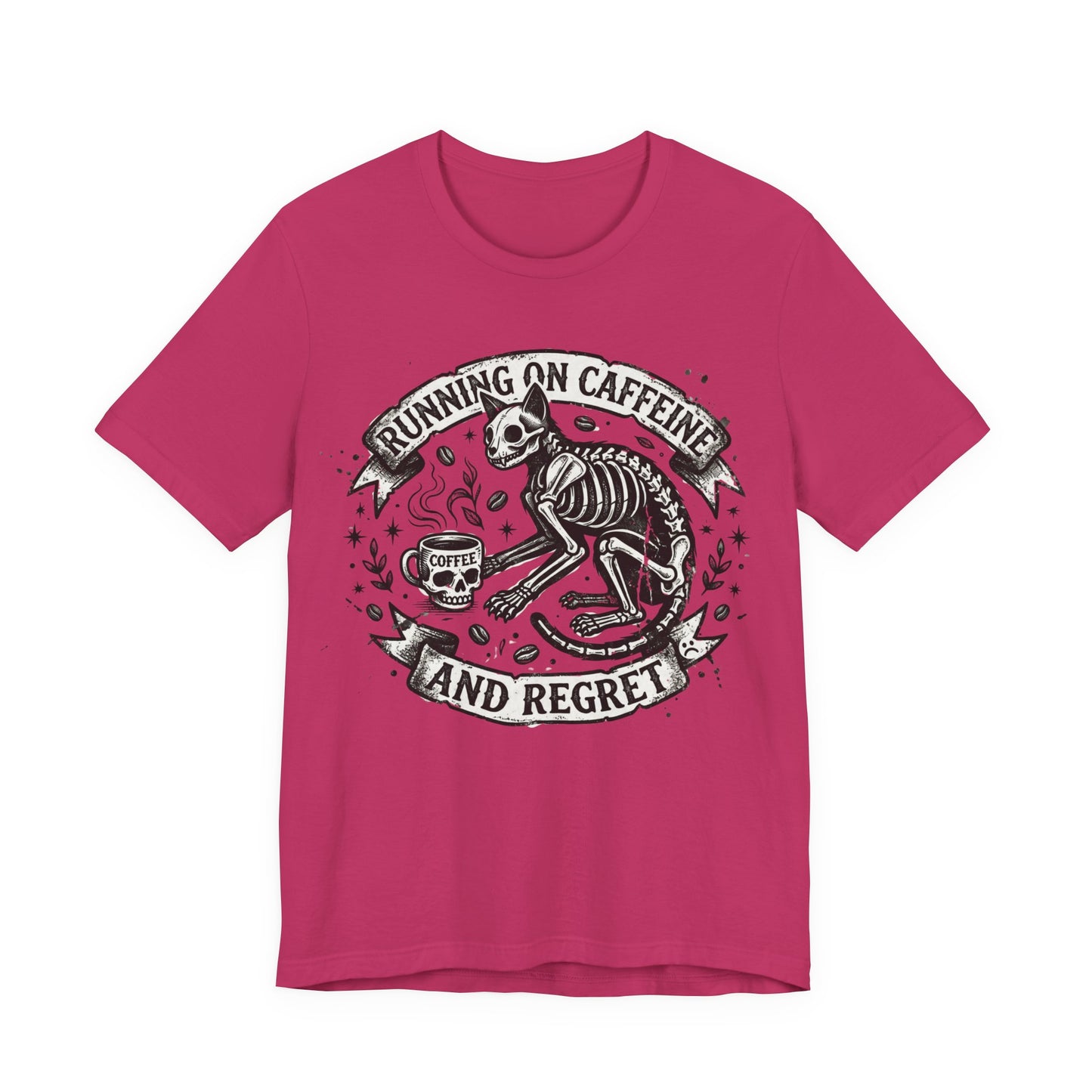 VOID - Running on Caffeine and Regret Tee — Funny Skeleton Cat Coffee T‑Shirt