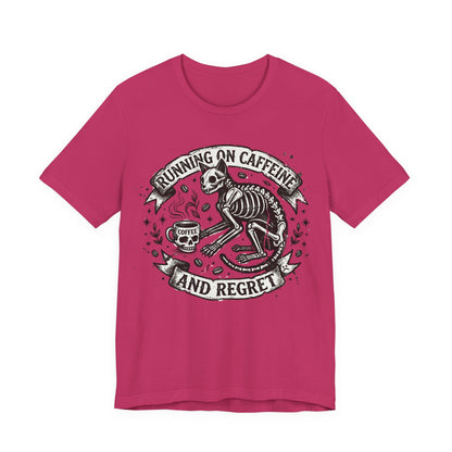 VOID - Running on Caffeine and Regret Tee — Funny Skeleton Cat Coffee T‑Shirt