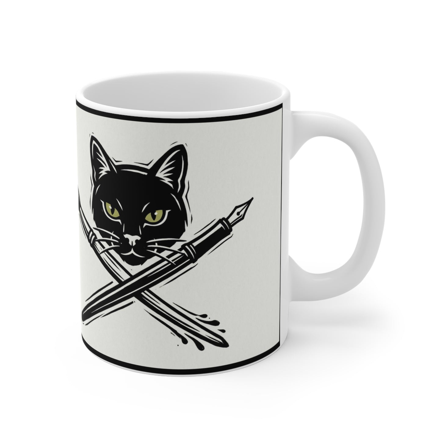 CreativeCat - 11oz Mug Right Handle - Cat Artist Coffee Mug – Black Cat with Paintbrush and Pen 11oz