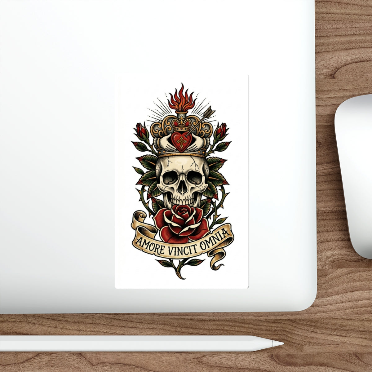 AVO-2 Claddagh Crown - Skull & Rose Die-Cut Sticker — 'Amore Vincit Omnia' Gothic Vintage Tattoo Design